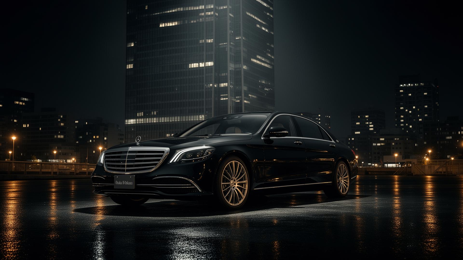 Black chauffeured sedan at night in Japan