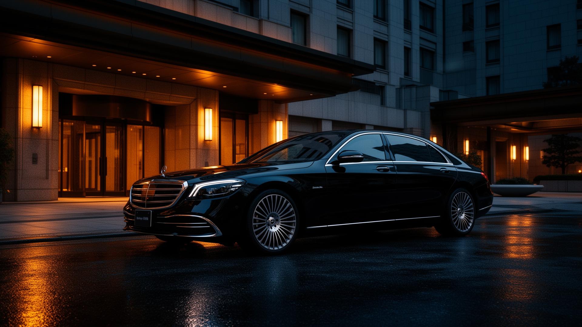 Black chauffeured sedan at night in Japan