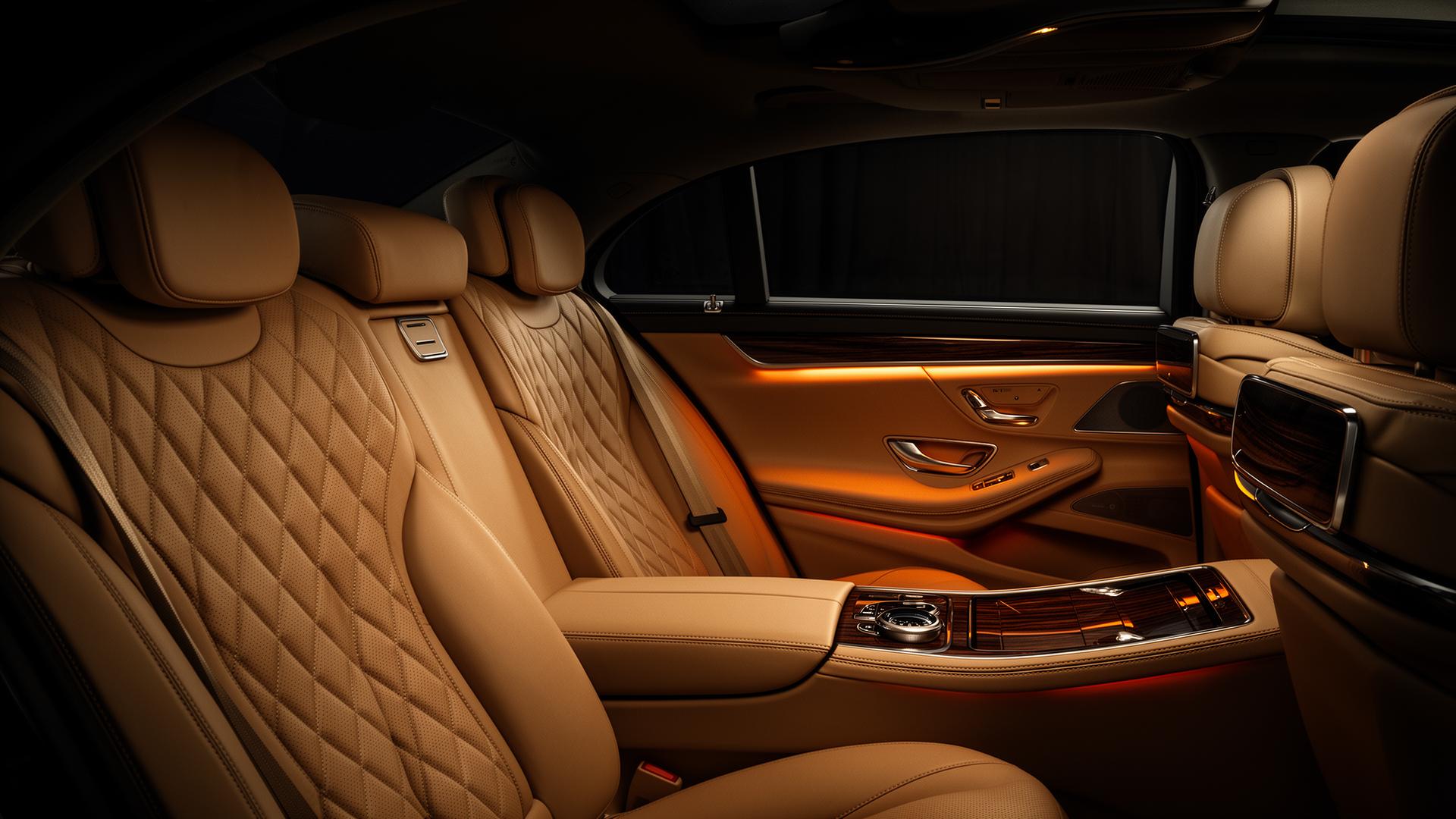 Quilted nappa leather rear cabin of a premium executive sedan