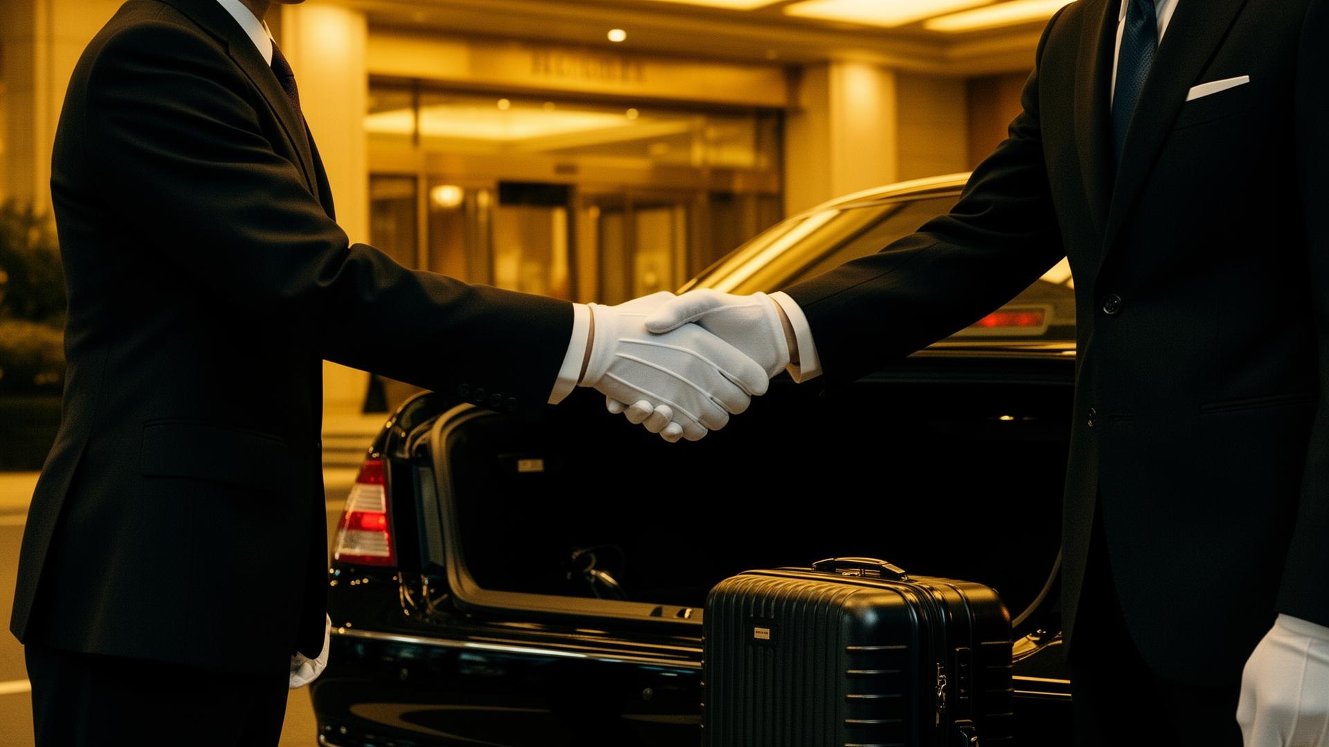 Discreet luggage handshake between a uniformed chauffeur and a hotel doorman